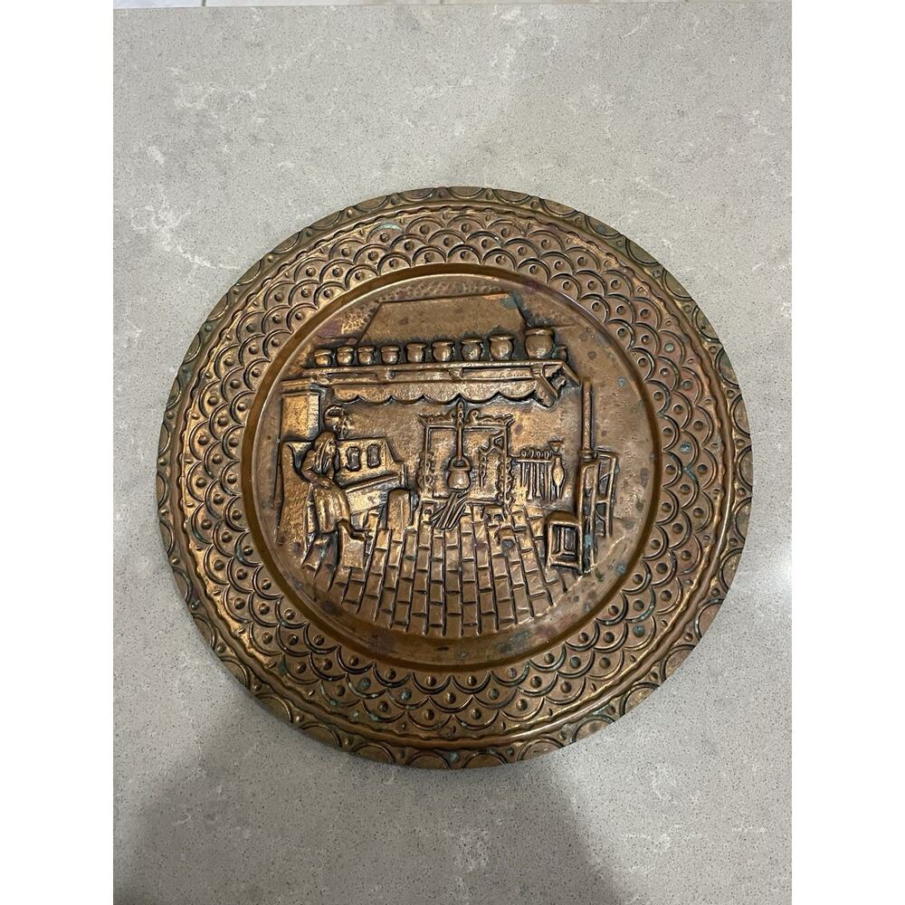 Antique Embossed Copper Repousse Plaque Plate